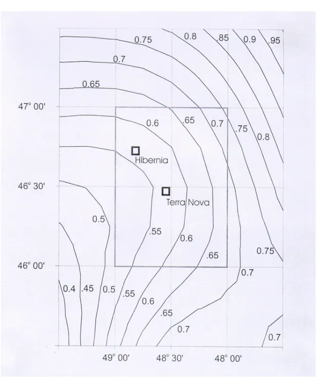 Figure 6.2: Average iceberg densities expected at any point in time across the Grand Banks, as derived from International Ice Patrol data from 1960 to 1974 (Fuglem, 1997)