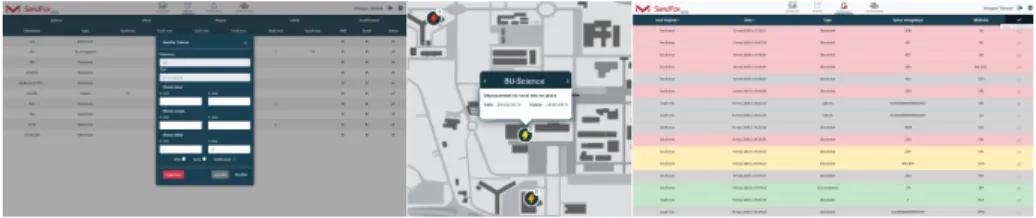 Fig. 2. left, Dialog box for creating an alarm; centre, display of notifications on the Map; right, interface listing the information of each detected anomaly
