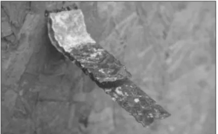 Figure 2. A galvanized, corrugated strip tie corroded on the part of the tie that was embedded  within the mortar joint