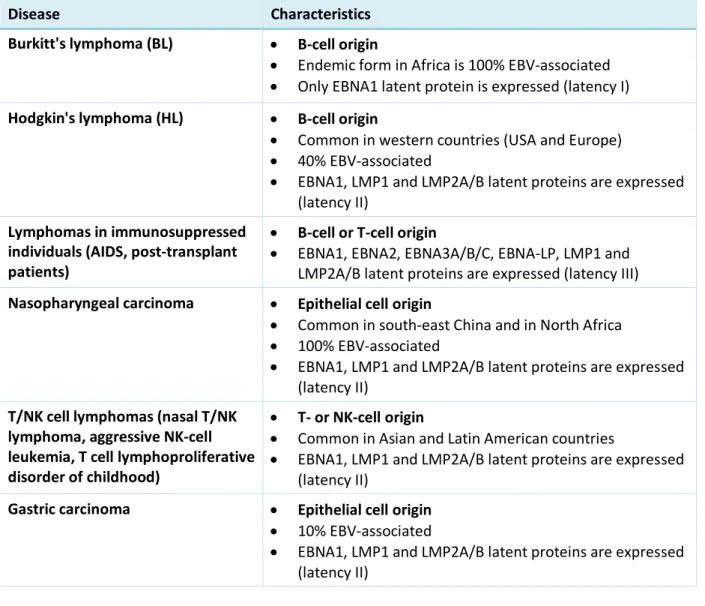 Table 1. EBV-associated cancers and their main characteristics: cell origin, geographic distribution, expression of  viral proteins during latency phases (adapted from Ref