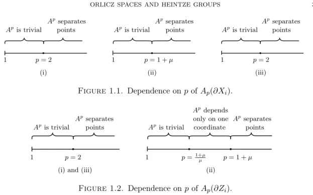Figure 1.1. Dependence on p of A p (∂X i ). 1 1Apis trivialApseparatespoints A p is trivial A p separatespointscoordinateonly on oneApdepends p = 2 p = 1+µ p = 1 + µ µ
