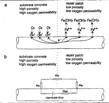 Fig. 7 a and b - Effects 01 electrochemicai incompatibility due to a chloride macroceli: (a) corrosion mechanism, and (b) eiectrical equivaient circuil.