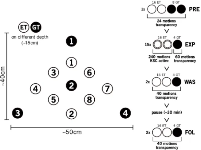 Fig. 1. Experimental protocol. On the left, Experimental target ET and Generalization Target GT; on the right, the four phases of the experiment.