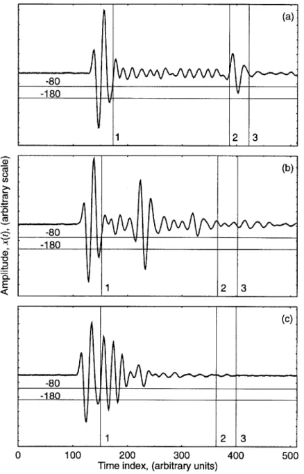 Figure  1.4:  Typical  A-scan  waveforms,  gate  and  threshold  setup  (Wooh  and  Daniel, 1994).
