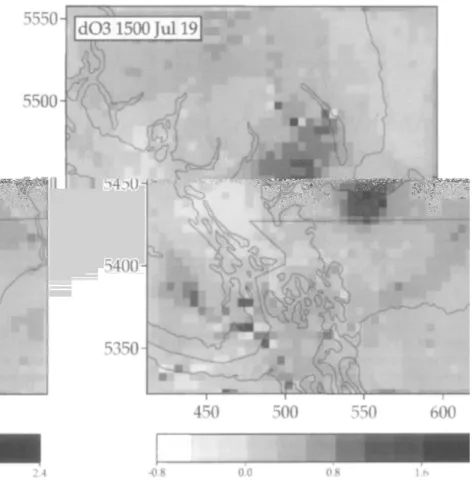 Fig.  10.  Surface  ozone  differences  between  the  experiments  run  using  the  default  SCAQS-based  and  the  Lower  Fraser  Valley-based  mechanistic  parameters  for  1500  PST,  19  July