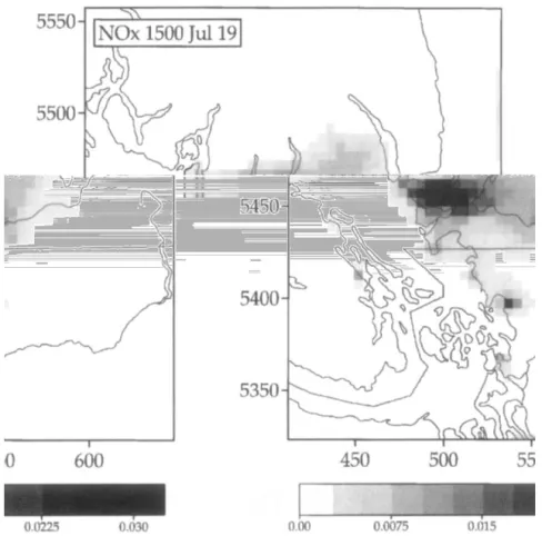 Fig.  5.  Simulated  surface  mixing  ratio  fields at  1500 PST,  19 July  for NO,.  The  gray  scales show  the mixing  ratios  in  parts  per  million  (ppm)