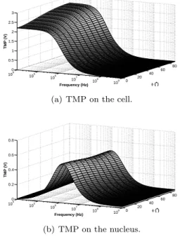 Figure 7: Maximal TMP on the membrane vs the orientation of the E-field and the frequency.