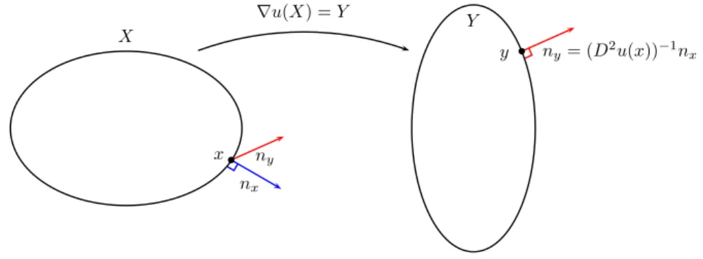 Figure 2. Illustration of the mapping y = ∇ u(x) and the normal vectors.