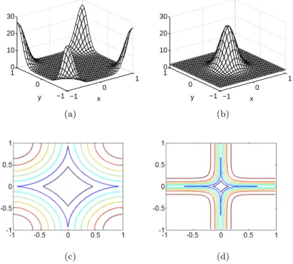 Figure 8. (a) The source density ρ X and (b) target den- den-sity ρ Y . (c) Curves in the domain X and (d) their image under the gradient map.