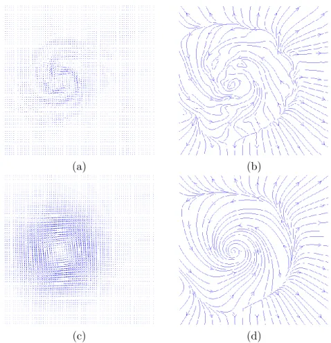 Figure 4: VF regularization of a vector field reconstructed by 4DVAR data assimi- assimi-lation; The first column corresponds to vector field plotting and the second column corresponds to the streamlines plotting