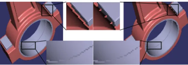 Figure 14: Object-space versus image-space crack filling with safe, conservative crack detection (d min = 1.0)