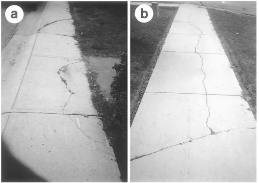 Fig. 5. Plasticity chart for surficial soils in prairie cities. Fig. 6. Variation of extent of observed longitudinal sidewalk damage with plasticity index of surficial soils.