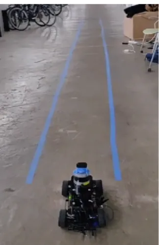Figure 2-6: The setup of the racecar with blue tape representing lane lines.