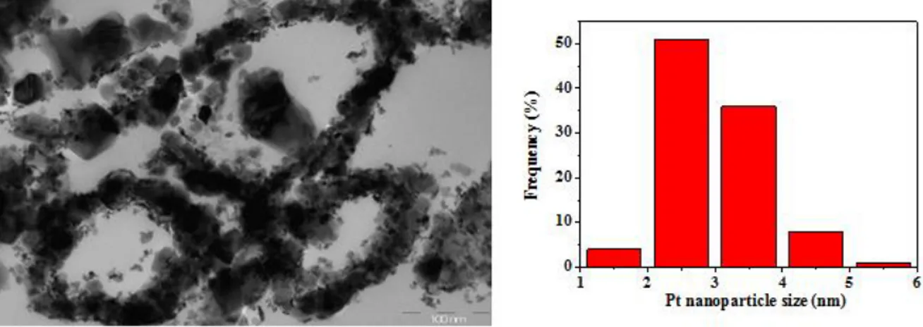 Figure  13  :  Images  MET  de  coupes  transversales  de  21%  Pt/Nb-SnO 2   (à  gauche)  et  histogrammes de la distribution de la taille des nanoparticules de platine obtenues à partir de  la mesure de 100 nanoparticules (à droite)
