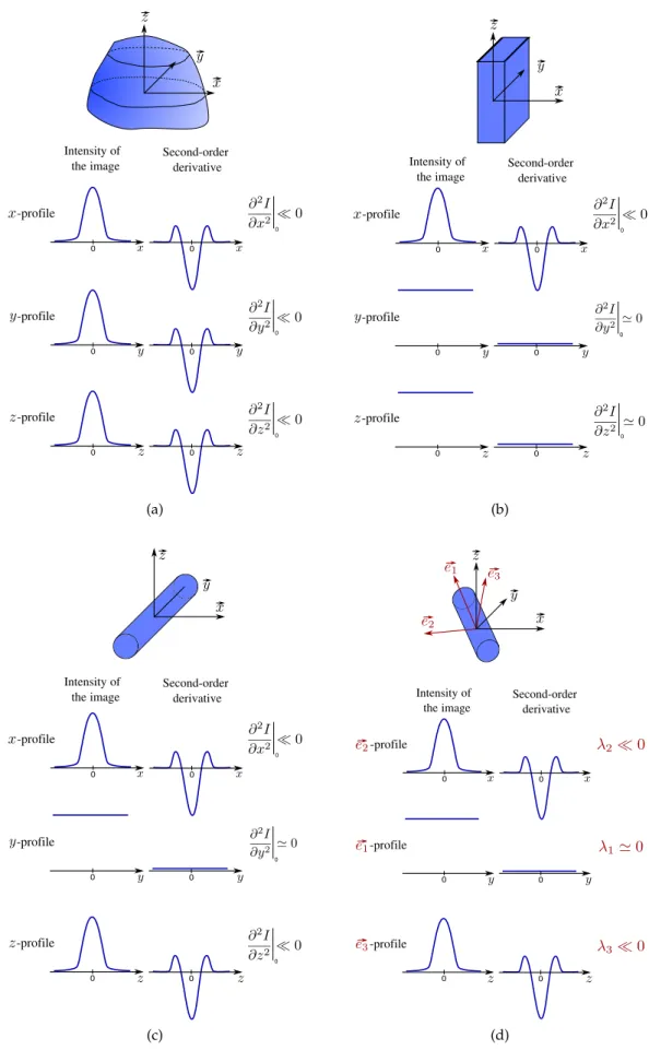 Figure 5 : Second-order derivative pattern of a blob (a), a plane (b) and a curvilinear structure (c) whose main intensity curvatures are oriented in the direction of the image axes.