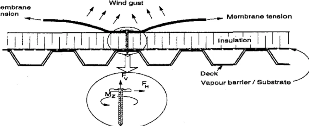 Fig. 1. Spot-fastened single-ply roofing system and effect of dynamic loading on the fastener.