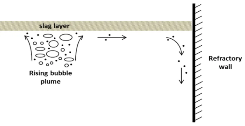 Figure 1.8 – Schematic of the inclusion behavior in the bubble plume and near the slag and wall surface.
