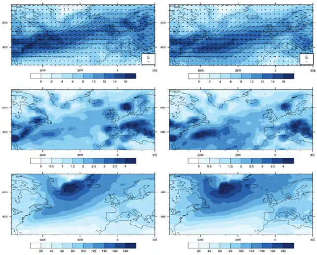 Figure 3.5 – Distribution spatiale moyenne en hiver (DJF) de (haut) la densité de tra- tra-jectoire (en nombre de tempête par mois), (milieu) la densité de génération (en nombre de tempête par mois) et (bas) l’intensité moyenne (en 10 −4 s −1 ) des tempête