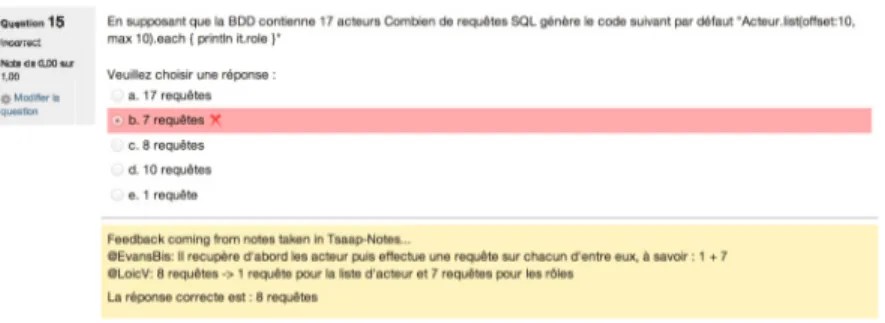 Figure 6. Affichage  du  f eedback  dans Moodle  pour une réponse donnée par un étudiant 