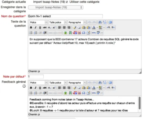 Fig ure 5.  Édition d 'une question issue de Tsaap-Notes et importée dans Moodle 