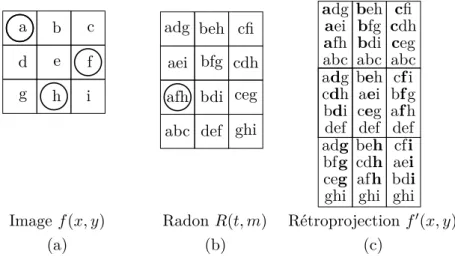 Figure 2.8 – Représentation de la FRT et de sa rétroprojection. (a) on applique la FRT sur une image carrée de paramètre p = 3
