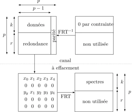 Figure 2.11 – Représentation de la mise en œuvre du code à effacement systématique basé sur la FRT