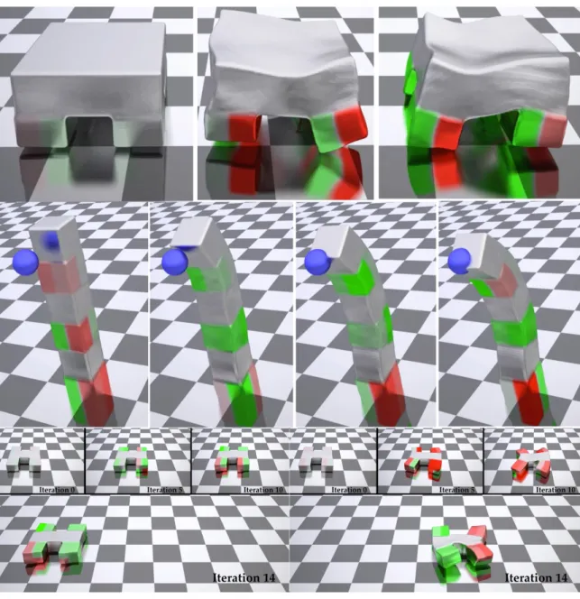 Figure 6-3: 3D robots with optimized controllers: quadruped runner, robotic finger, and crawler