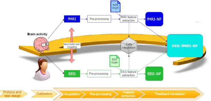 Figure 9 – This figure illustrates the closed loop of EEG-NF,  fMRI-NF, and EEG-fMRI-fMRI-NF,  prepara-tory offline steps &#34;Protocol and task design&#34;, and &#34;Calibration&#34;, as well as combined EEG-fMRI  con-cepts such as neurovascular  cou-plin