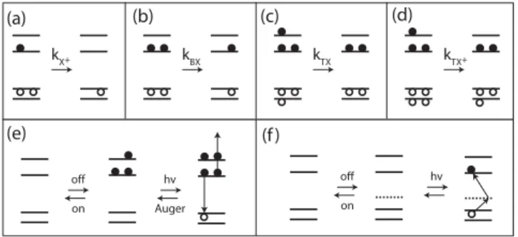FIG. 3. (a)–(d) Schematics of the various recombination pro- pro-cesses of interest for our experiment: (a) charged X (‘‘trion’’) Auger decay as in the off state of blinking NCs; (b) neutral BX;