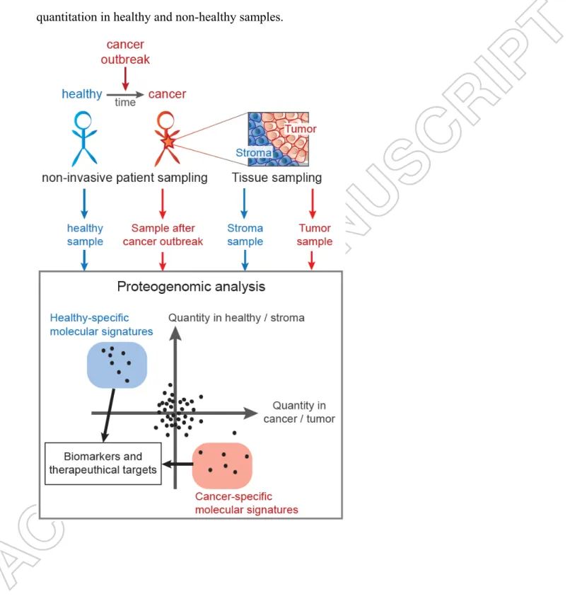 Figure 3. General strategy in personalized onco-proteogenomics. Potential markers and  therapeutic targets are obtained by identifying novel proteoforms by proteogenomics and their  quantitation in healthy and non-healthy samples