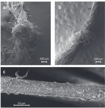 Fig. 7 SEM pictures of knotted WEAP5 yarns before (a) and after (b) bio- bio-inspired mineralization, with a micrography of mineralized WEAP5 after dipping at 40 1C in ethanol for 15 minutes (c).
