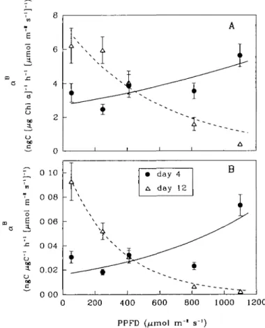 Fig. 4. Variations of a B  with growth light levels. (A) Normalized to chlorophyll a, (B) normalized to carbon