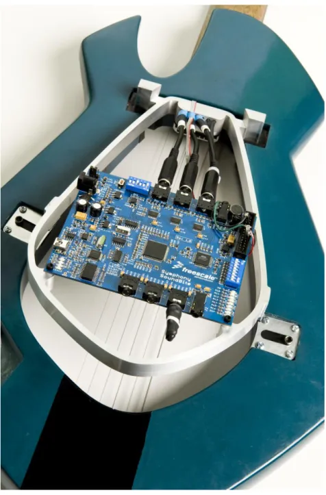 Figure 7.  The Chameleon Guitar’s backside showing the  resonator tray and the SP unit