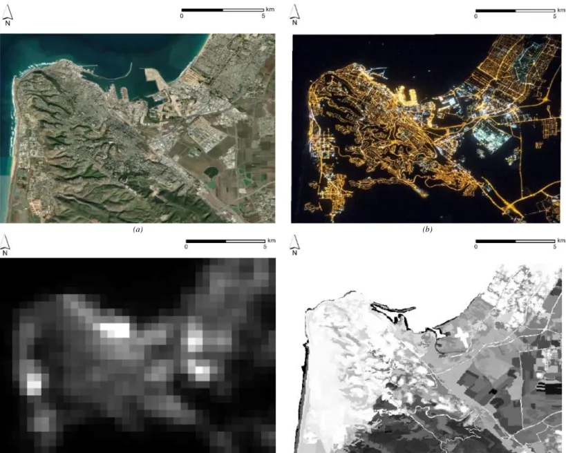 Fig. 1. Satellite images of the Haifa metropolitan area: (a) day-time image ([40]), (b) ~10-meter resolution RGB image with the range of values of 0-255 dn for each band; 