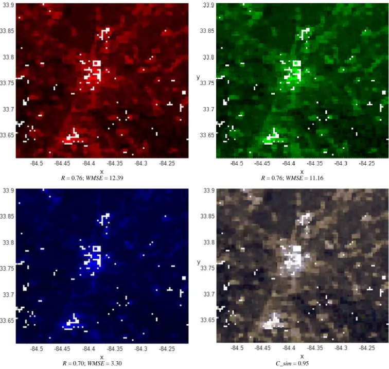 Fig. A3. Atlanta metropolitan area (the US): Red, Green, Blue bands, and RGB images, provided by ISS and resampled to the spatial resolution of VIIRS imagery  (panel (a)), and outputs of four models trained on Haifa datasets: linear  multiple regressions (