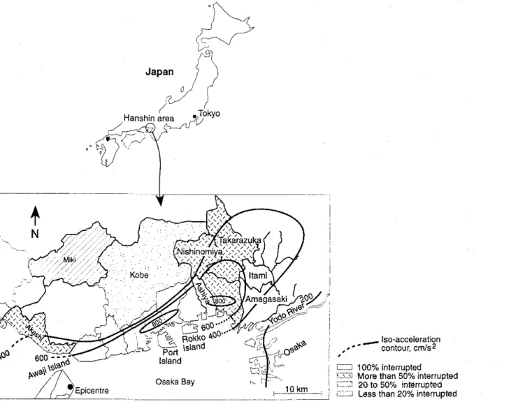 Fig. 1. Interruption of water service to cities in Ranshin area with estimated iso-acceleration contours of peak ground motion (data as of February 1995).