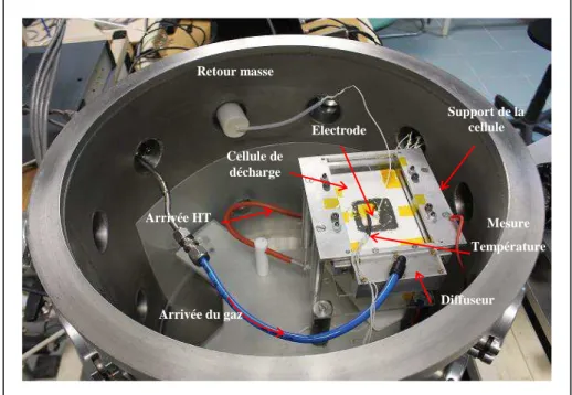 Figure II-2: Photographie de l’intérieur de l’enceinte montrant la cellule de décharge