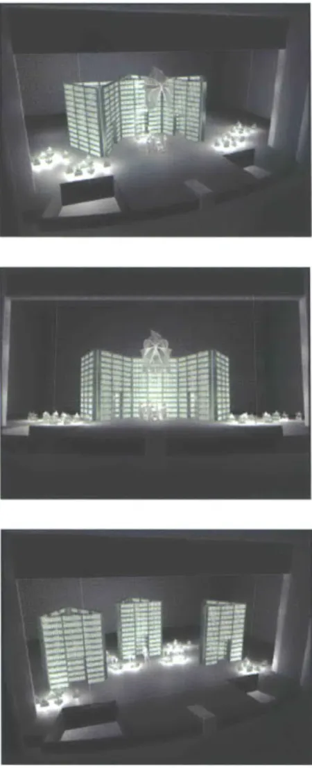 Figure  3.3  Digital  renderings  of the later  set configurations with the  final Chandelier design.