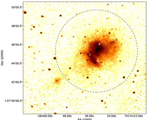 Figure 6. Chandra  0.5 – 4 keV surface brightness map of MACS  J0717.5 + 3745. The image was vignetting- and exposure-corrected, and smoothed with a Gaussian of width 2 ″ 
