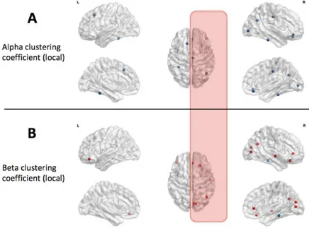 Figure  1.  Zones  cérébrales  où  le  coefficient  de  clustering  diminue  (bleu)  ou  augmente  (rouge) pendant la perception de magnétophosphènes, pour les bandes A) alpha et B) beta