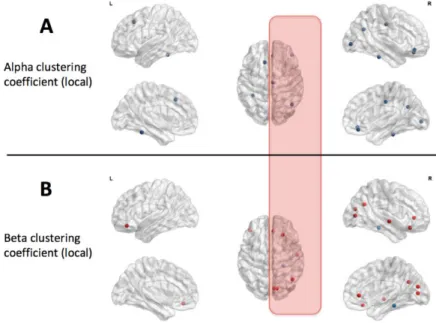 Figure  1.  Zones  cérébrales  où  le  coefficient  de  clustering  diminue  (bleu)  ou  augmente  (rouge) pendant la perception de magnétophosphènes, pour les bandes A) alpha et B) beta