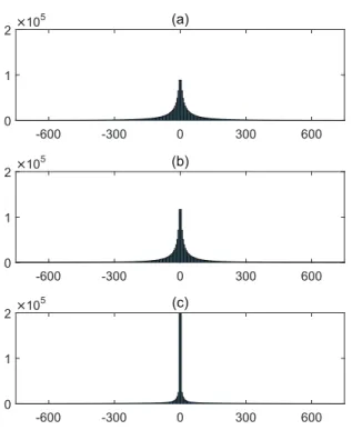 Fig. 1: Coefficient distribution of a standard ultrasound image in: (a) space, (b) wavelet and (c) DCT domains.