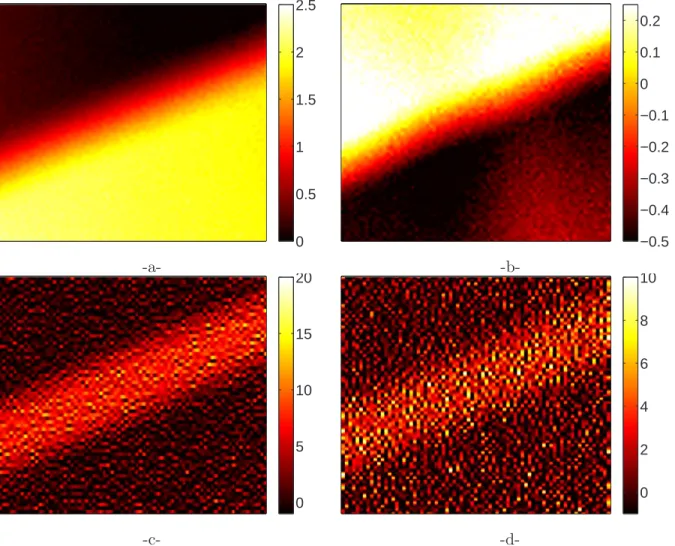 Figure 12. Vertical u (a) and horizontal v (b) displacement obtained using a standard finite element discretization (Q4) with 16-pixel elements, and the corresponding strain ² uu (c) and ² uv (d) (×10 −3 ).