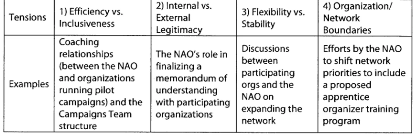 Table 5:  Tensions  inherent to all collaborations and networks, and summarized examples from the Climate Coalition under each.