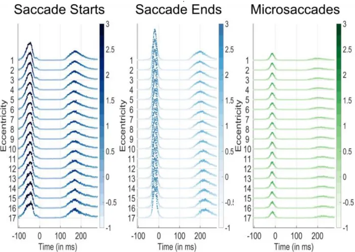 Figure 4:  Saccade start (blue), saccade end (green), and microsaccade occurrence probabilities per time bin according to the target  eccentricity  of  the  face  target  that  appeared  at  0ms