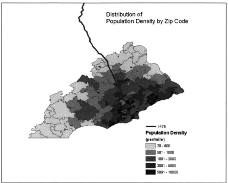 Figure 5: Population Density by  Zip Code (2000)