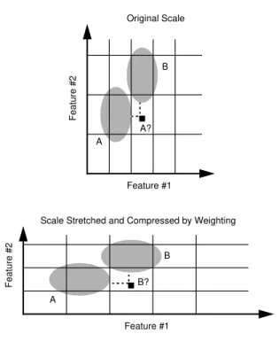 Figure 6. Contextual weighting: The impact of weighting on classification.AB Feature #1Feature #2 Original ScaleFeature #1Feature #2ABA?B?