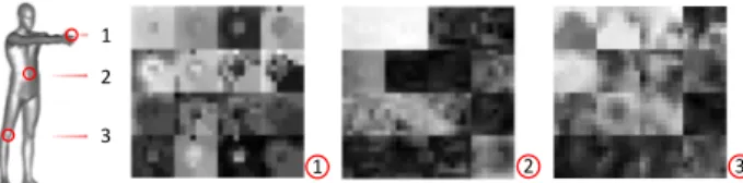 Figure 5. Vertex spectral images around three vertices: (1) middle finger, (2) belly button, and (3) right knee.