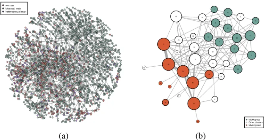 Figure 4.2.1: (a): Raw view of the giant component for the Cuban HIV epidemics. (b) Modularity clustering of the giant component in 37 classes.