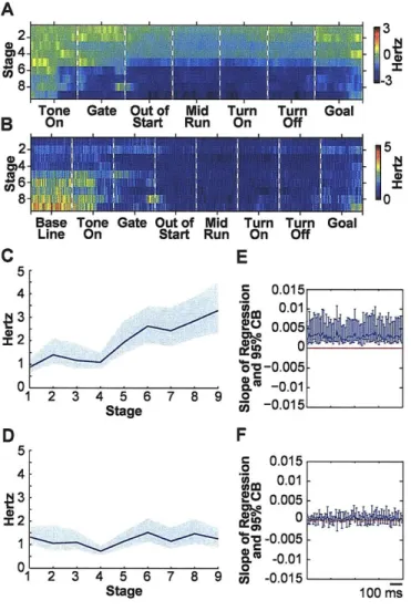 Figure 4.  Baseline  firing rates.  A,  Normalized average  firing rate of non-task responsive putative medium spiny  cells plotted in 10  ms bins  during 800  ms time windows  around task events  as  training progresses